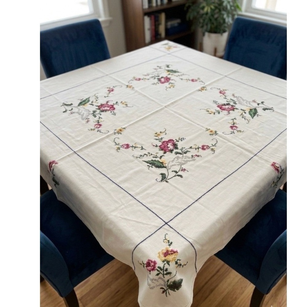 Vintage Hand Embroidered Cross Stitch Floral Tablecloth White Square 48x50
